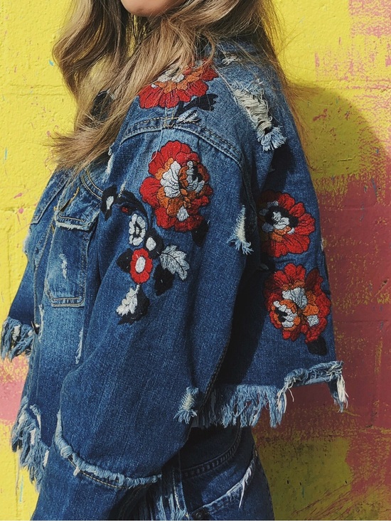 Nylon Jackets & Blazers - Embroidered Distressed Denim Jacket in Blue with Red Floral Accents